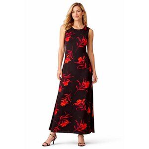 100% Silk Sleeveless Floral long  maxi Dress Black Red Size 10P style & co